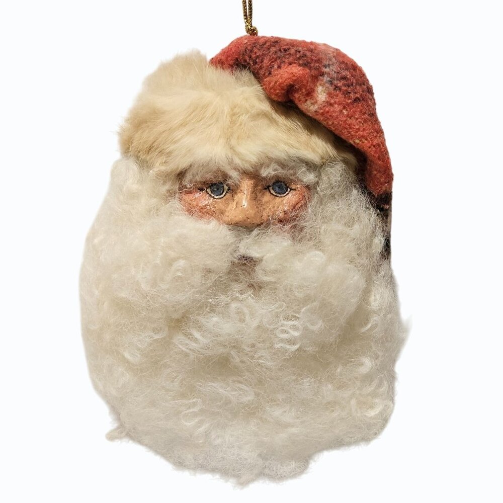 Vtg 7" Paper Mache Santa Face Ornament Wool Beard Rabbit Fur Trim Fabric Hat